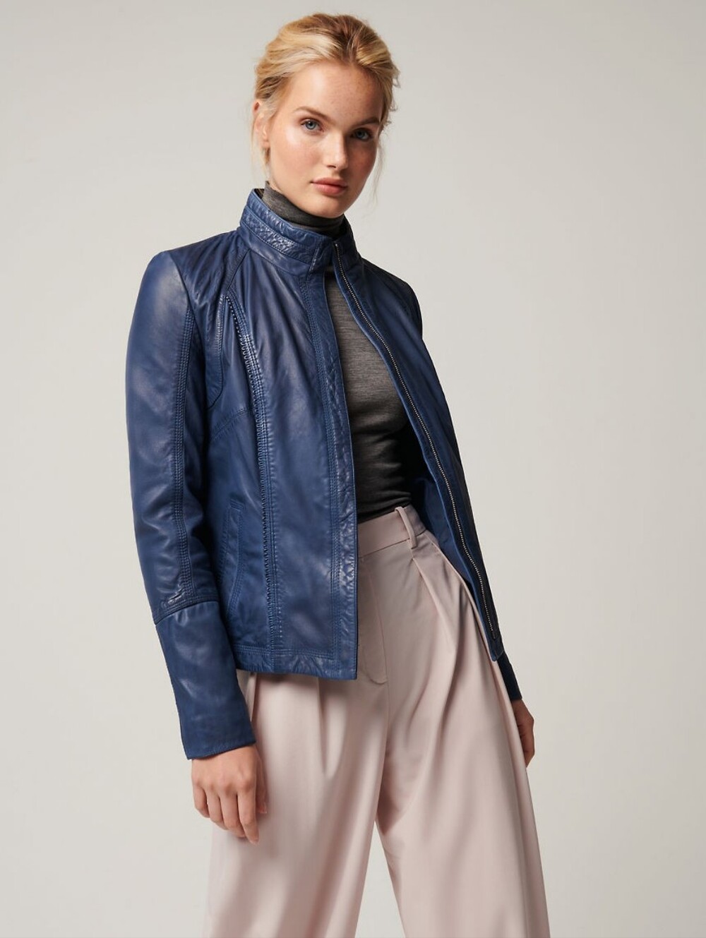 Women's Midnight Blue Leather Jacket with Stand Collar